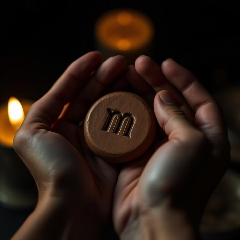 Warm-lit hands cradling a ceramic Memora token